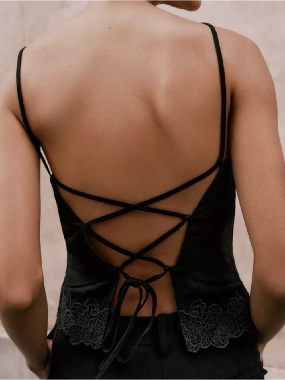 ZARA NWT Backless Camisole Lace Trim Button Front Strappy Lace-Up Back